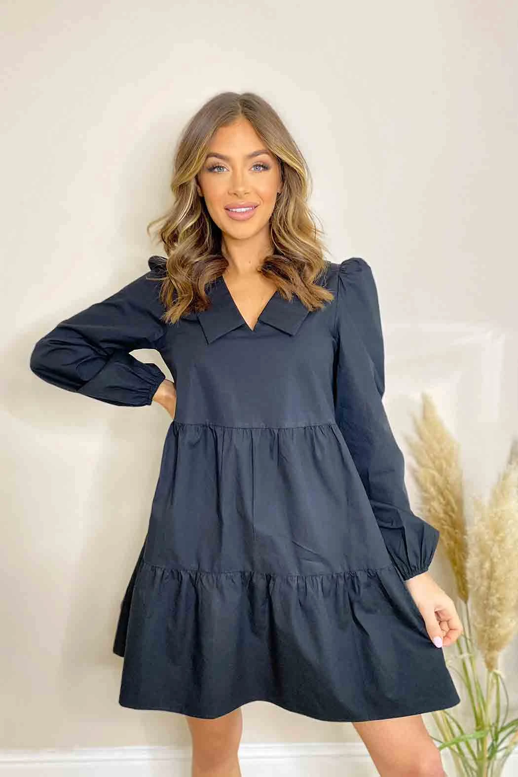 Tamara Collar Detail V-Neck Smock Black /