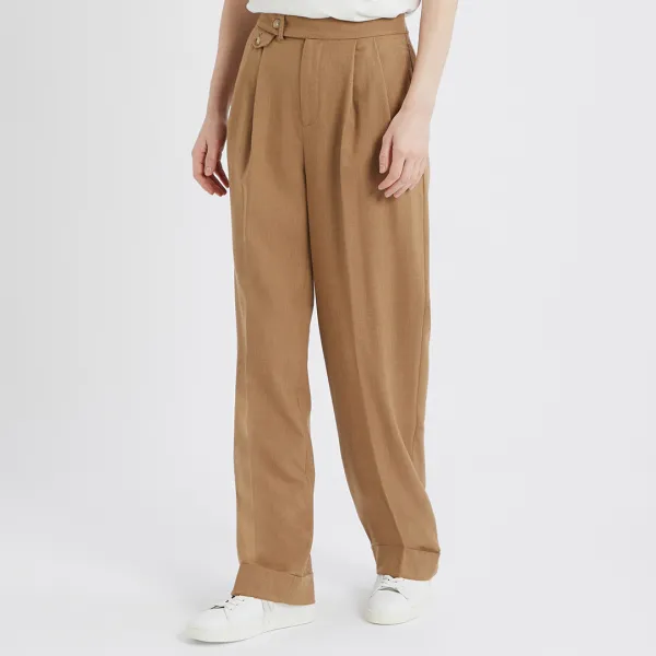 Tan Pleated Straight Wool Trousers - Brown