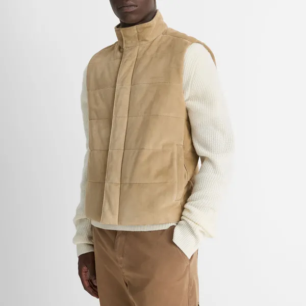Tan Sueded Quilt Suede Vest - Multi