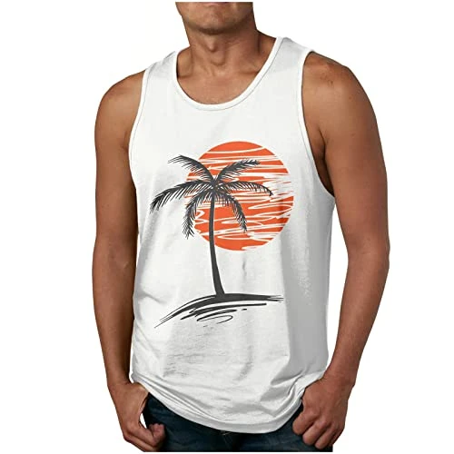 Tank Top Men's Summer Sleeveless Muscle Shirts Casual Sports T-Shirt Cotton Lightweight Undershirt Shirt Fitness Tank Tops Holiday Hawaiian Tank Top Men Crew Neck Tops Running Shirt, 05-white, XXL