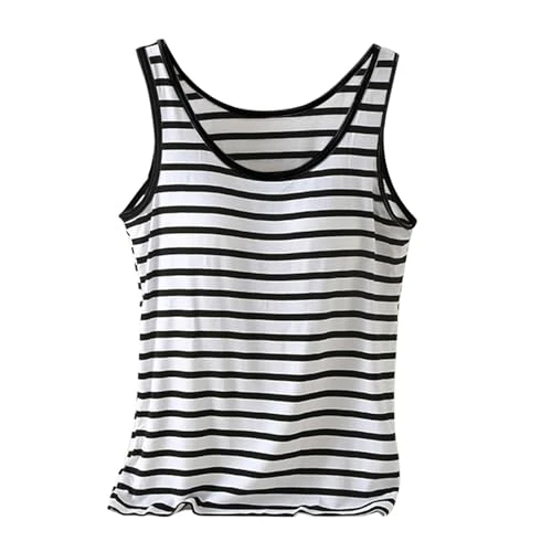 Tank Tops for Women UK Striped Vest Tops Sleeveless Sweatshirts with Bra Skinny T Shirt Round Neck Tee Tops Stretch Slim Fit Tank Top Casual Tunic Tops Undershirt Loungewear Size M-XXL Black