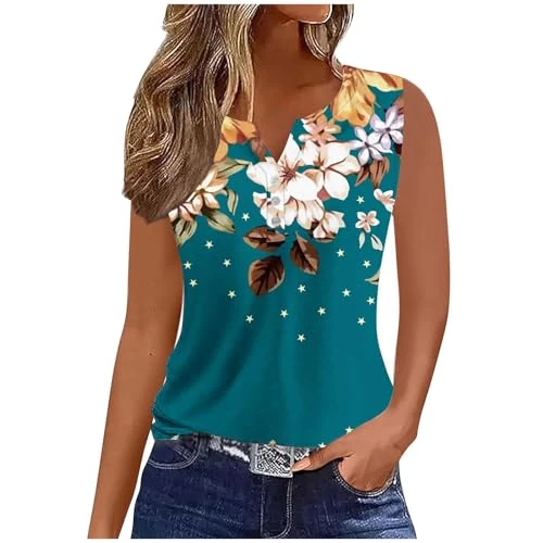 Tank Tops Women's Summer Casual Tank Top Elegant V-Neck Tops Basic Cotton Tunic Long Shirt Loose Comfortable Blouse T-Shirt Vintage Floral Pattern Summer Shirts Lightweight Sports Shirt, 25