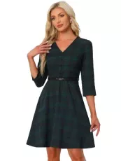 Tartan Plaid Dress for Women's V Neck 3/4 Sleeves Belted A-Line Dresses Green L
