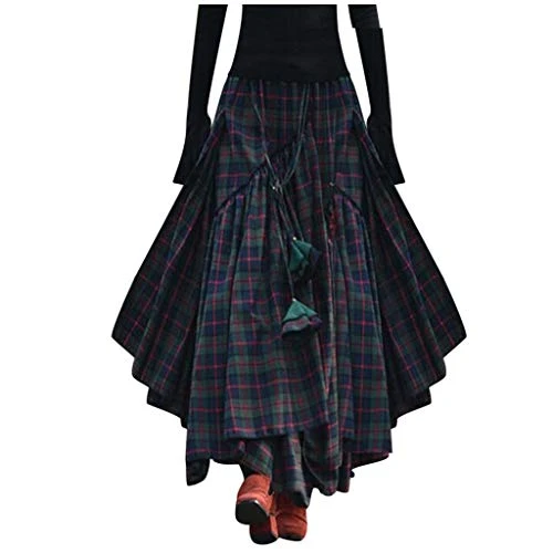 Tartan Skirt Swing Long Skirt Irregular Hem Plaid Skirts Ladies Skirts High Waist Maxi Long Length Flare Jersey Skirts Skirts for Women UK Y2K Gothic Midi Skirts Plus Size S-5XL Green