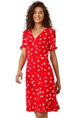 Tea Dress for Women UK Ladies Frill Hem Skater Wrap Jersey Stretchy Fit & Flare Flattering Knee Length Side Button Cocktail Party Occasion Holiday Going Out - Red White - Size 14 Tea Dress for Women UK Ladies Frill Hem Skater Wrap Jersey Stretchy Fit & Flare Flattering Knee Length Side Button Cocktail Party Occasion Holiday Going Out - Red White - Size 14