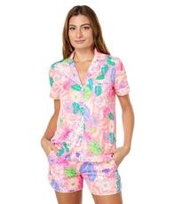 Teagan PJ Woven Short Sleeve Top, Pink Isle Best of Friends, XS