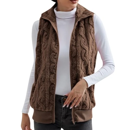 Teddy Double-Sided Fleece Gilet for Women Solid Color Warmer Lightweight Gilets Zip Knitted Pattern