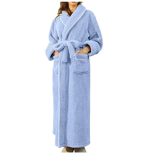 Teddy Dressing Gown Women Plus Size Fleece Bathrobe Plus Size Teddy Fleece Loungewear Robe with Belt Full-Length Bath Robe Lightweight Fluffy Towelling Housecoats Thicken Nightwear Blue 3XL