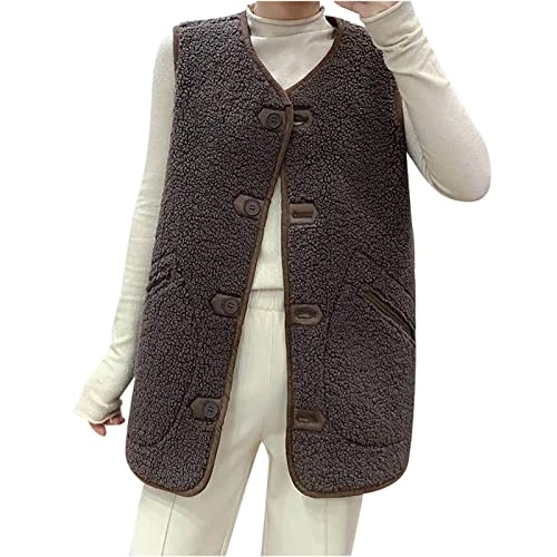 Teddy Fleece Gilet for Women Sleeveless Button Down Waistcoat Sherpa Fluffy Vest Solid Color Body Wa