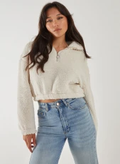 Teddy Zip Up Jumper  - S  - Ivory