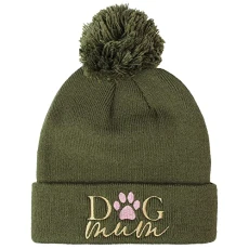 TeddyT's Dog Mum Embroidered Thermal Bobble Beanie Hat (Khaki Green)