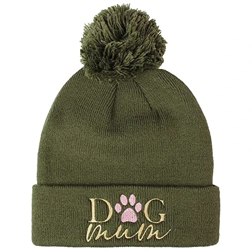 TeddyT's Dog Mum Embroidered Thermal Bobble Beanie Hat (Khaki Green)