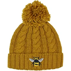 TeddyT's Women's Bumble Bee Chunky Cable Knit Thermal Mustard Bobble Hat