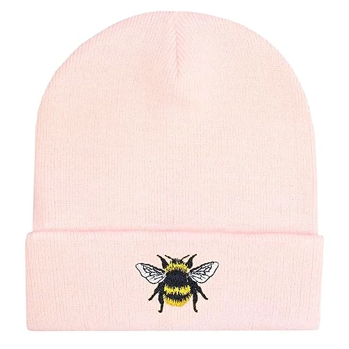 TeddyT's Women's Bumble Bee Embroidered Thermal Beanie Hat (Baby Pink)