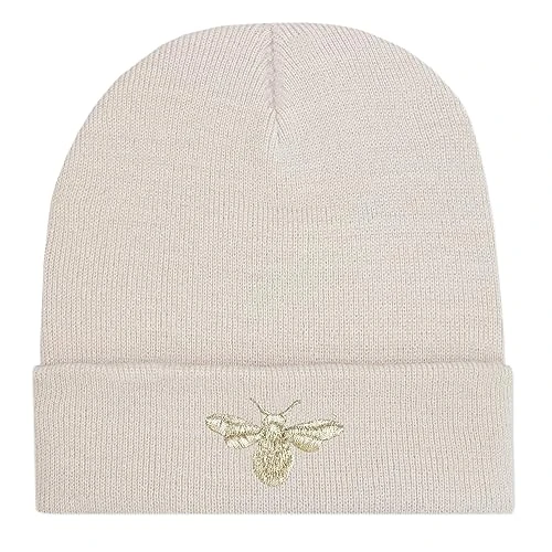 TeddyT's Women's Gold Bumble Bee Embroidered Rib Beanie Hat (Light Sand)