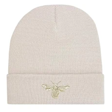 TeddyT's Women's Gold Bumble Bee Embroidered Rib Beanie Hat (Light Sand)