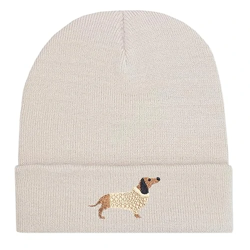 TeddyT's Women's Sausage Dachshund Dog Embroidered Beanie Hat (Light Sand)