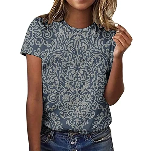Teenage Girls Gifts,Try Before You Buy Womens Women'S Fashion Casual Short Sleeve Printed Round Neck Loose Pullover Top Plus Size Tops for Women Football Shirts Gym Shirt Gym(2-Gray,3XL)