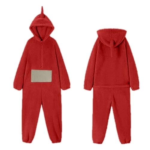 Teletubbies Costume, Adult Pyjamas, Women's Long One-Piece Onesie, Women's Unisex Animal One-Piece Costume, Cosplay, Homewear Fleece Onesie with Hood, Sleepwear, Party, red, S