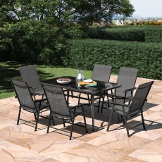 Tempered Glass Garden Table and Fabric Foldable Chairs Set of Black