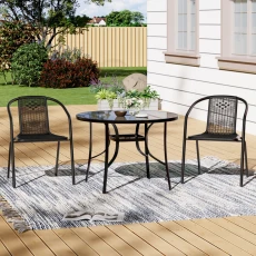Tempered Glass Garden Table with Set Rattan Garden Chairs - Black