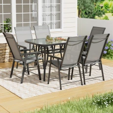 Tempered Glass Outdoor Coffee Table with Fabric Foldable Chairs Set of Black