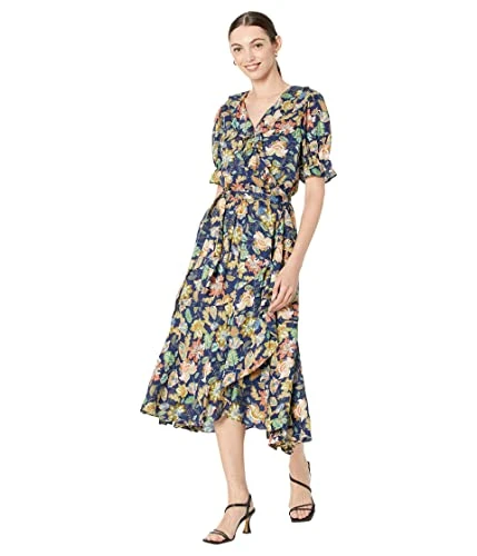 Tempest Wrap Ruffle Dress Botanical Print Blue XS