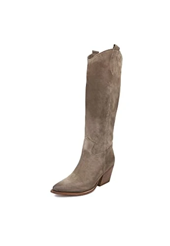 Texan Camperos High Suede Leather Boots with Cowboy Pointed Toe Western Heel MARA101, taupe, 4 UK