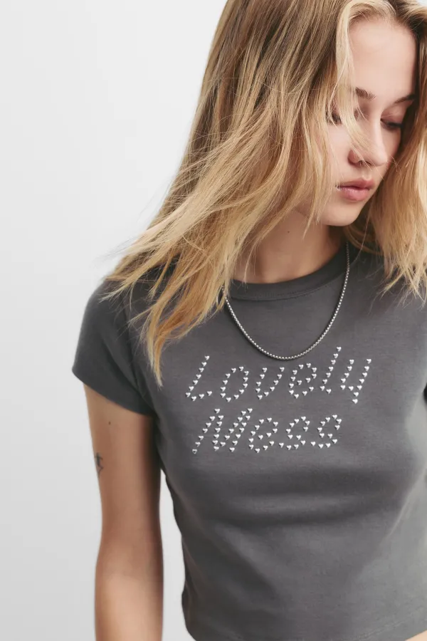 Text T-Shirt With Rhinestones - Ash