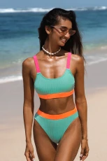 Texture Neon Colorblock Scoop Neck Top & Mid-rise Bikini Swimsuit - Green Texture Neon Colorblock Scoop Neck Top & Mid-rise Bikini Swimsuit - Green