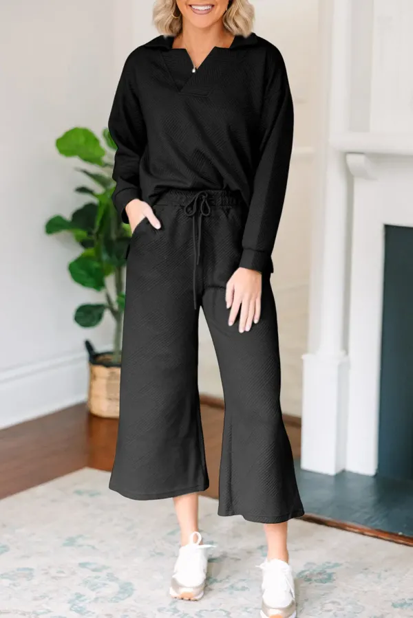 Textured Collared V-Neck Top and Wide Leg Trousers Co-ord Set - Black / 2XL