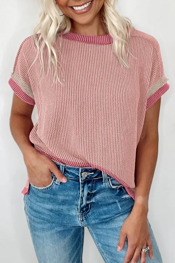 Textured Contrast Trim Round Neck T-Shirt - Light Pink /