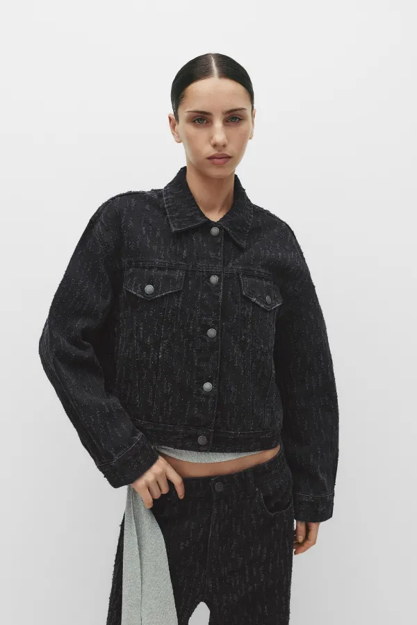 Textured Denim Jacket With Rhinestones - Black