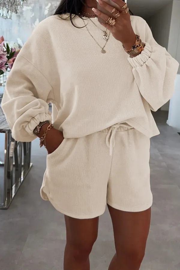 Textured Drop Shoulder Pullover Drawstring Shorts Co-ord Set - Cream / M