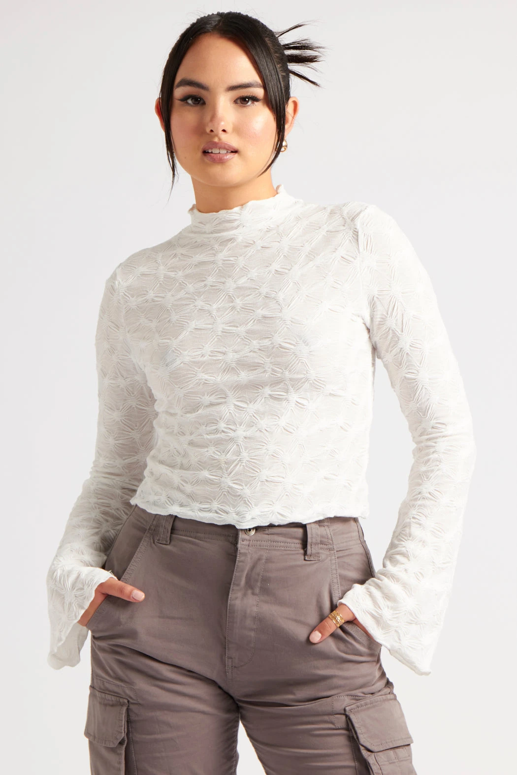 Textured Flared Sleeve Top White /