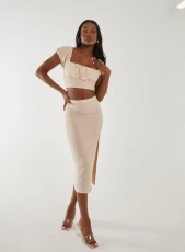 Textured Jersey Midi Skirt  - M  - STONE