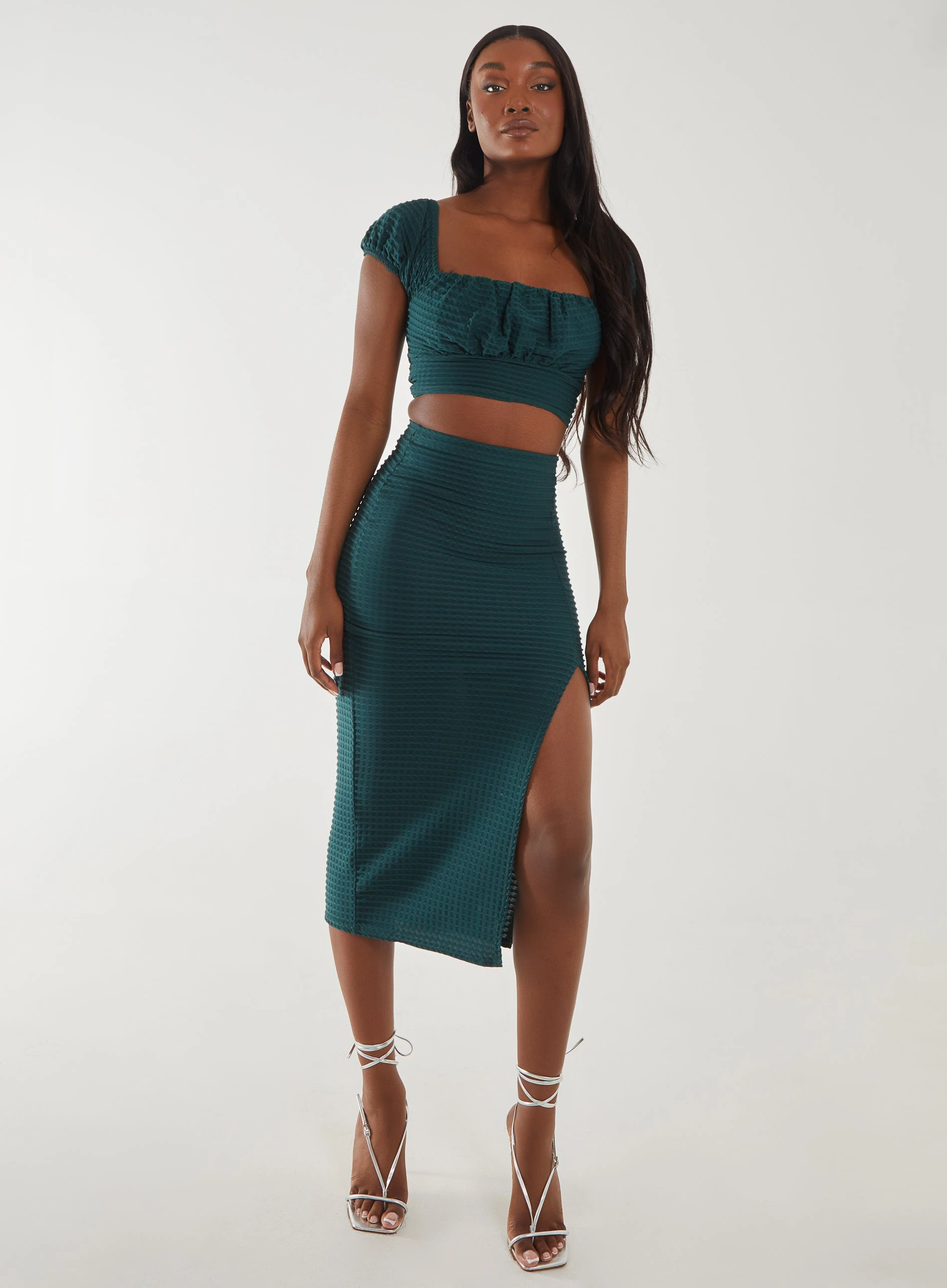 Textured Jersey Midi Skirt  - M  - TEAL