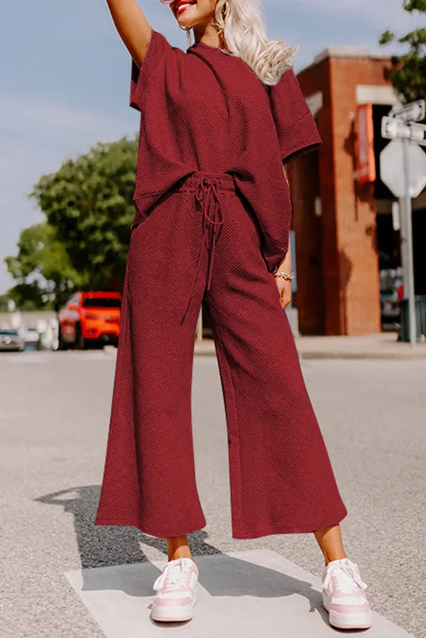 Textured Loose Fit T Shirt and Drawstring Trousers Co-ord Set - RED DAHLIA / / 95%POLYESTER+%ELASTANE - RED DAHLIA