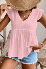 Textured Ruffled Trim V-Neck Flutter Flowy Top ight Pink /