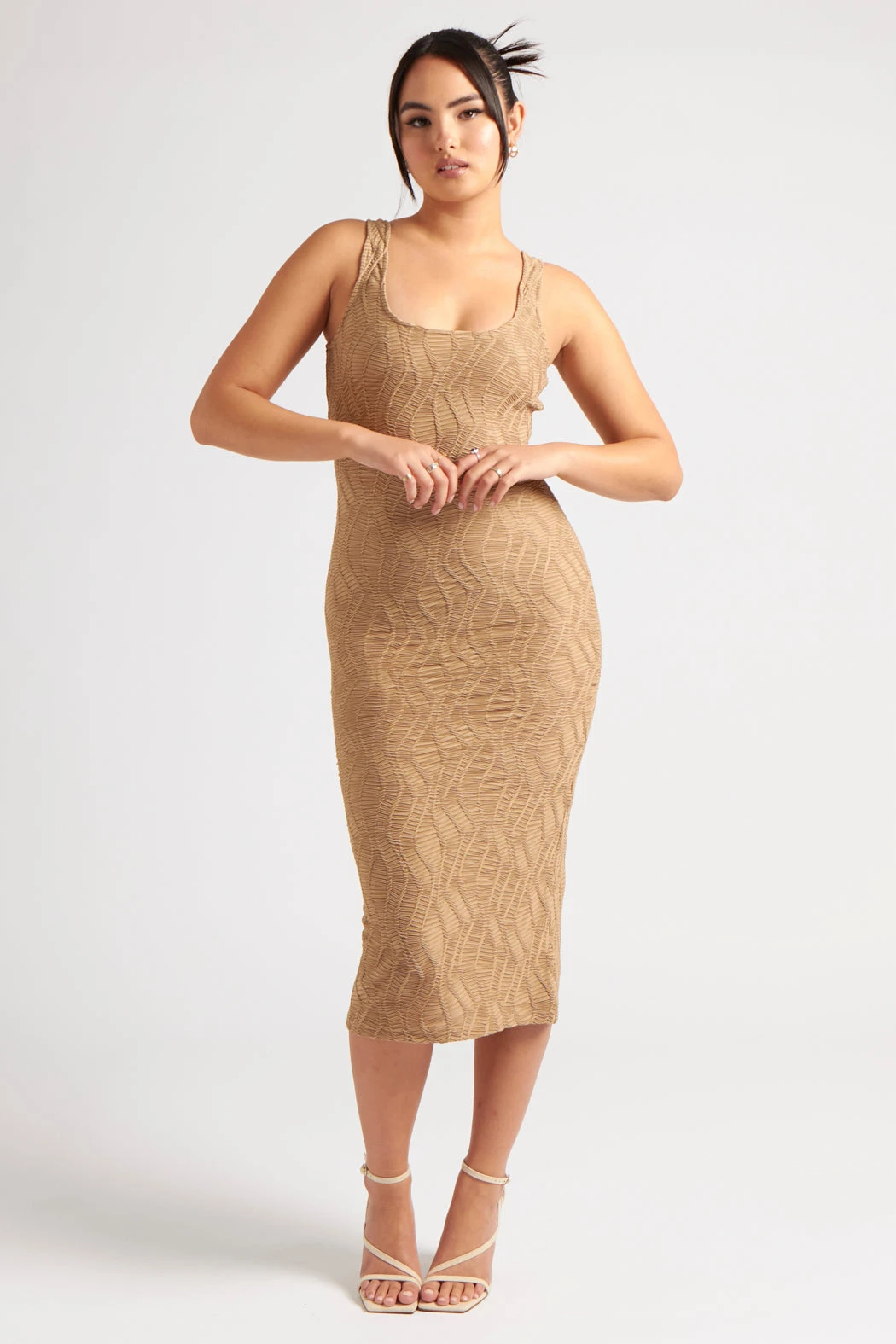 Textured Scoop Back Midi Dress Tan / 12