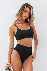 Textured Scoop Neck Top & High-Waisted Bikini Swimsuit - Black Textured Scoop Neck Top & High-Waisted Bikini Swimsuit - Black