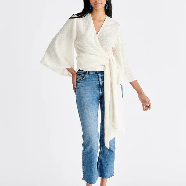 Textured wrap kimono blouse