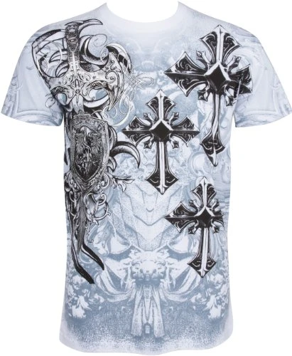 TG527T Cross,Sword and Shield Metallic Silver Embossed Short Sleeve Crew Neck Cotton Mens Fashion T-