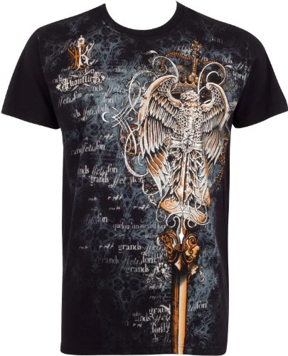 TGEaglePerch745 Eagle Perched on a Sword Metallic Silver Embossed Short Sleeve Crew Neck Cotton Mens