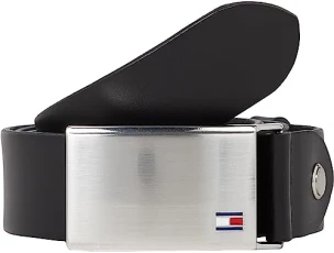 TH Plaque 3.5 Belt, Black - 100% Real Leather - Rounded Silver-Tone Buckle - Wardrobe Essentials -  Accessories for Men - Size 95