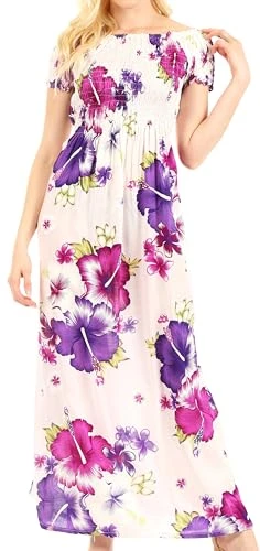 TH2031 - Tulay Women's Casual Maxi Floral Print Off Shoulder Dress Short Sleeve Nice - W-Purple - OS