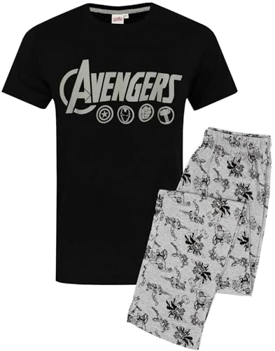 The Avengers Pyjamas For Men | Logo Grey Lounge Pants & Black T-Shirt Set | Superhero Gifts Merchand