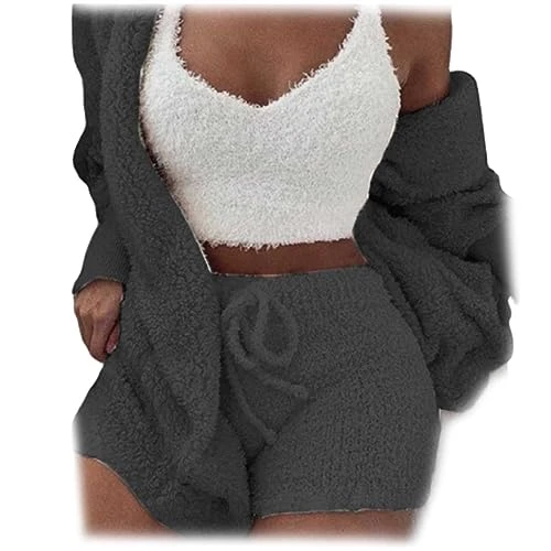 The Cozy Knit Set,Women Cozy Knit Set 3 Pieces Fluffy Plush Pajama Long Sleeve Velvet Hooded (Dark Gray, Medium)