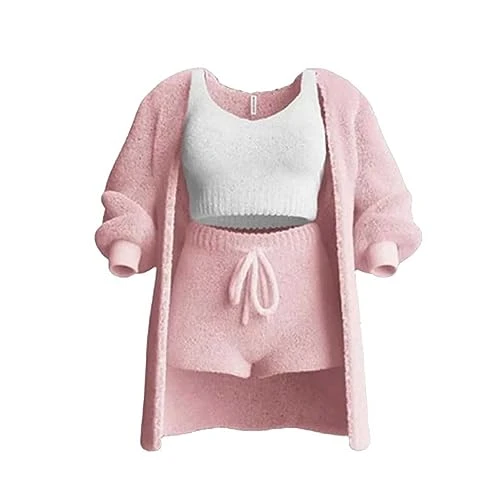 The Cozy Knit Set,Women Cozy Knit Set 3 Pieces Fluffy Plush Pajama Long Sleeve Velvet Hooded (Pink, Medium)