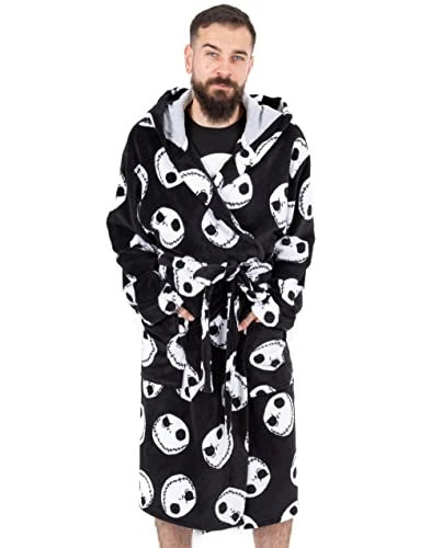 The Nightmare Before Christmas Dressing Gown For Men | Adults Jack Skellington Pocket Black Bathrobe | Tim Burton Movie Pjs Robe XXL